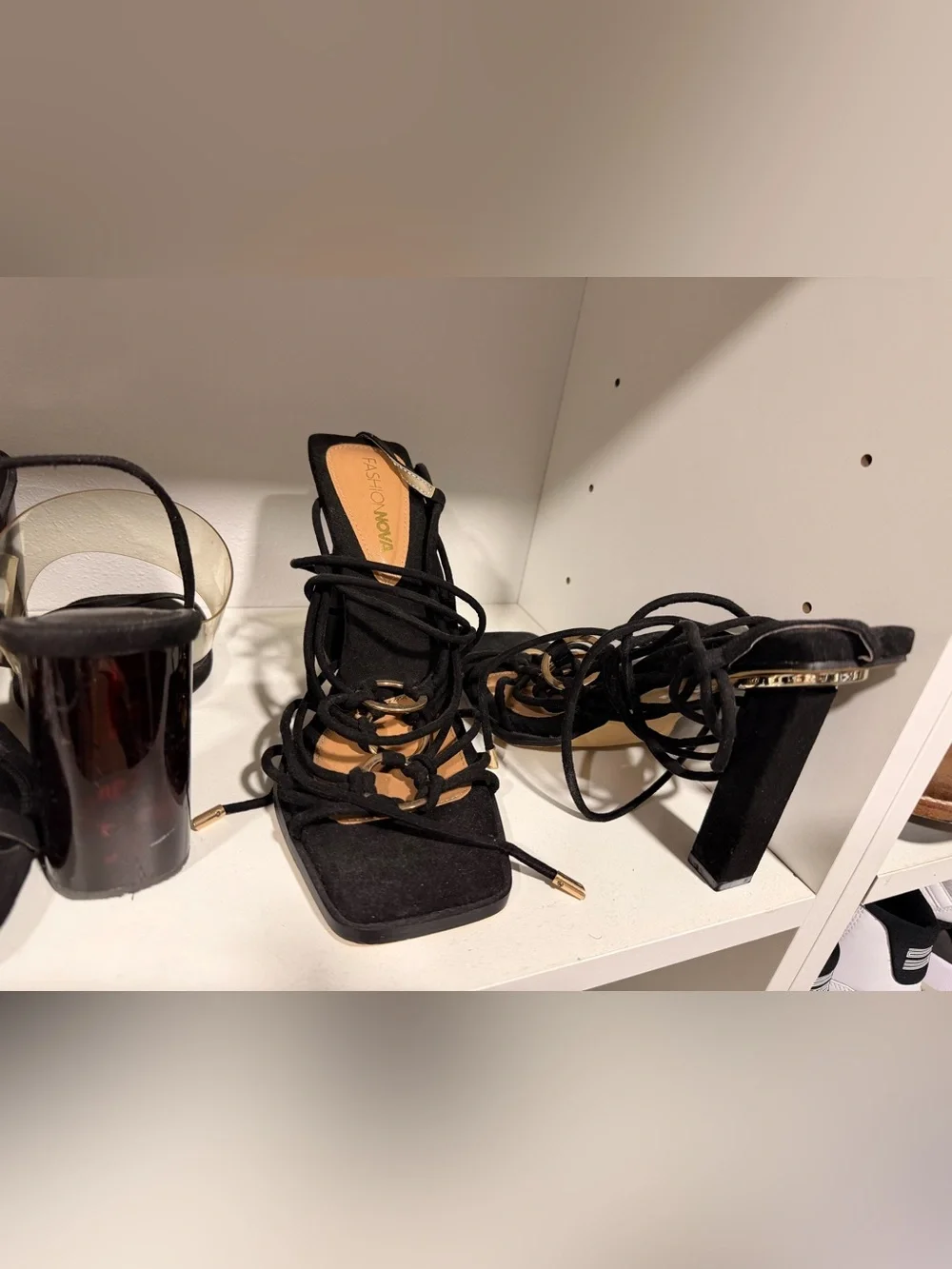 Fashion Nova Black Lace-Up Block Heels with Gold Accents